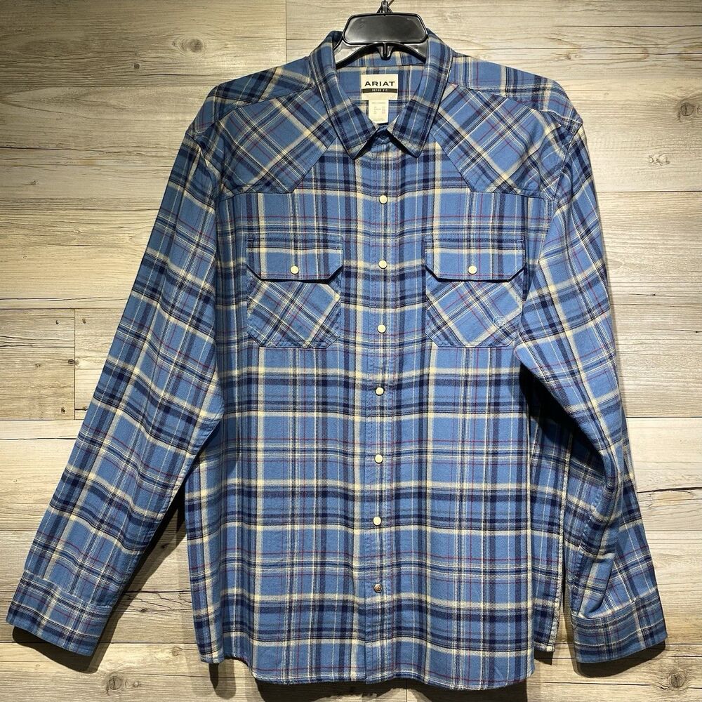 Ariat Huntley Pearl Snap Western Shirt Retro Fit Men’s XXL Blue Plaid Flannel